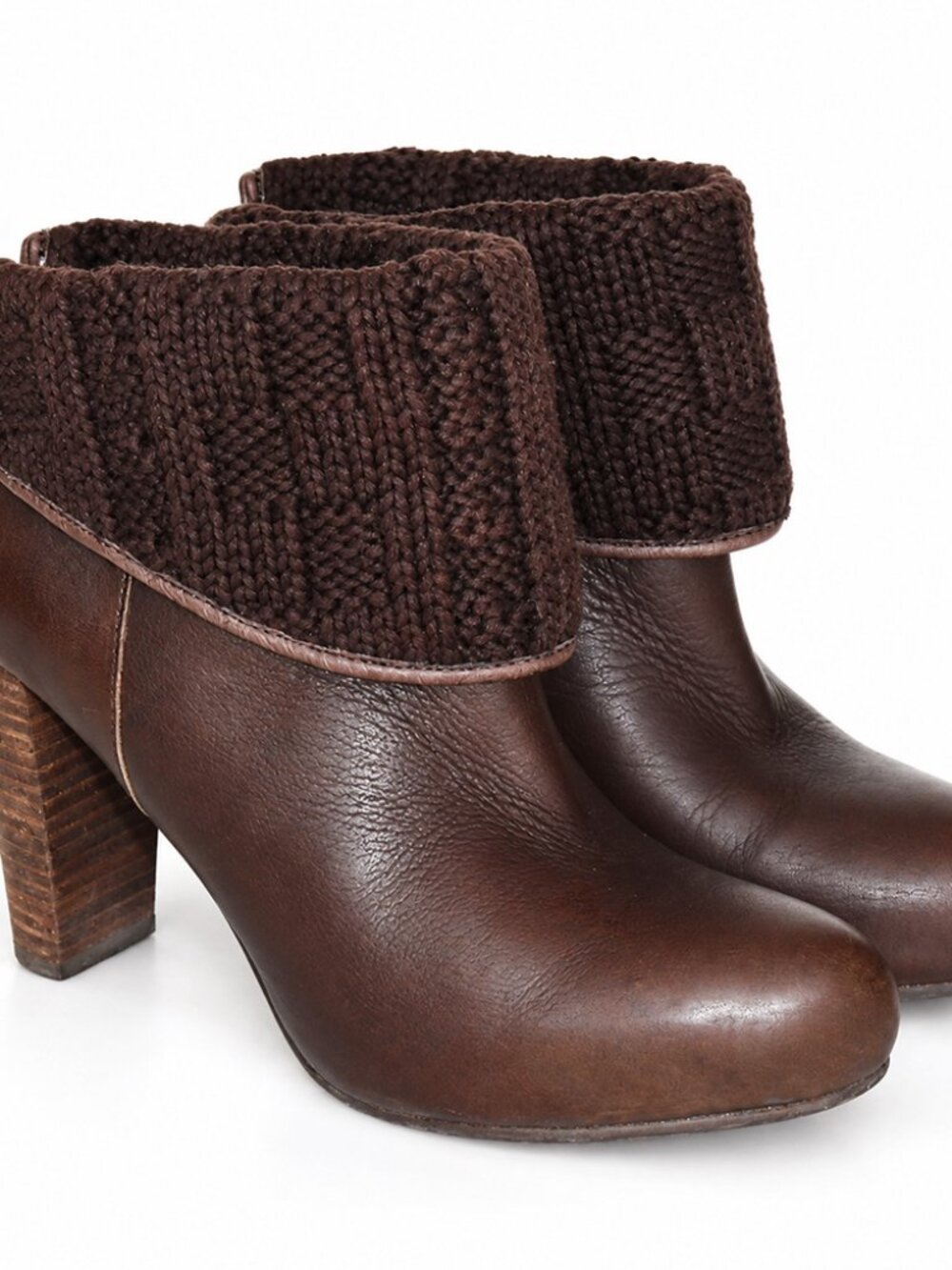 UGG Women's Brown Leather Knit Cuff Heeled Ankle Boots 8